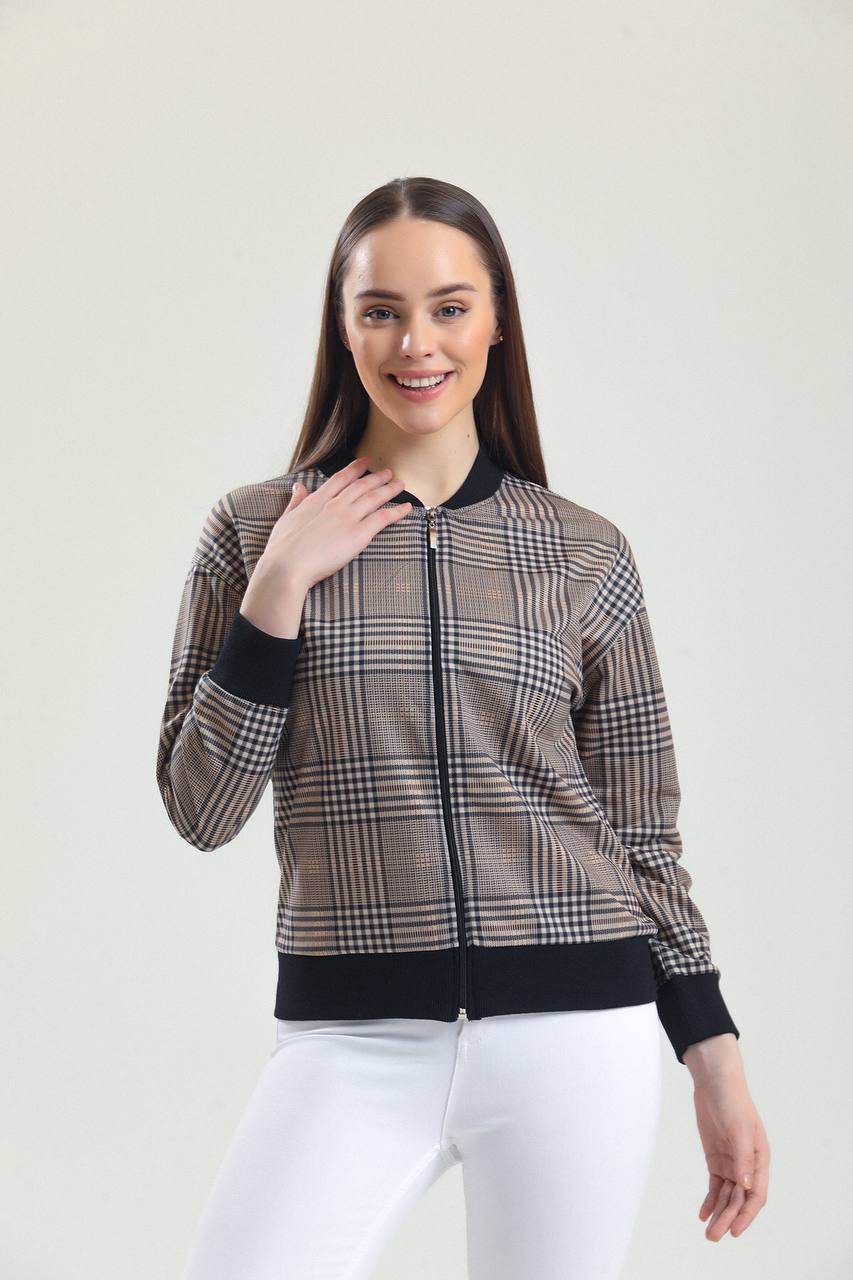 Women Tartan Plaid Zip Bomber Jacket