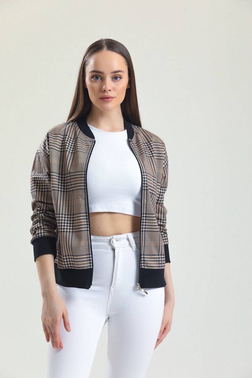 Women Tartan Plaid Zip Bomber Jacket