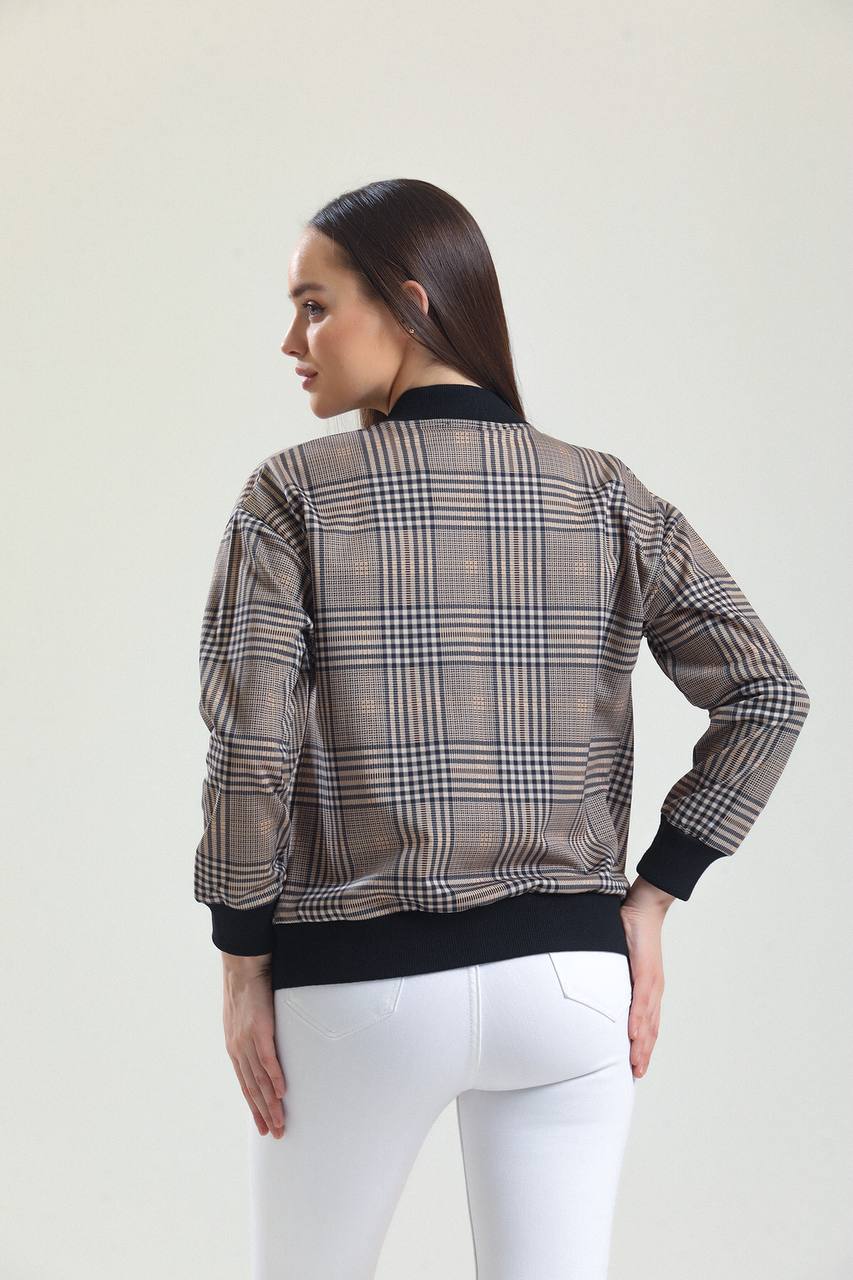 Women Tartan Plaid Zip Bomber Jacket