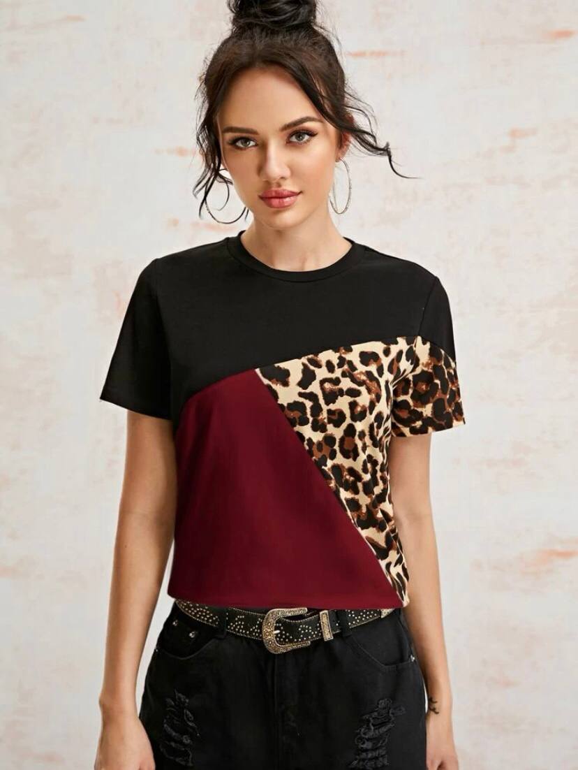 Color Block Burgundy Leopard T-Shirt