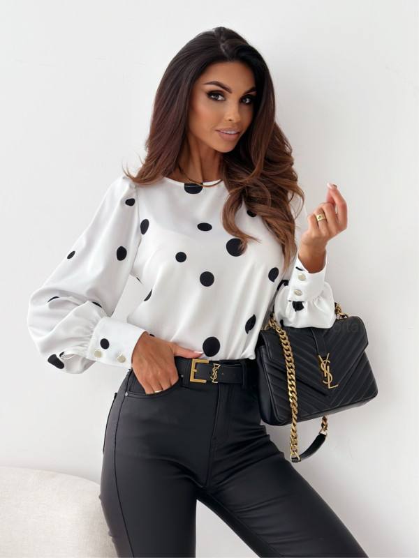 Casual Crew Neck Polka Dot Long Sleeve Blouse