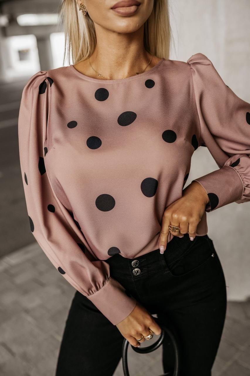 Casual Crew Neck Polka Dot Long Sleeve Blouse