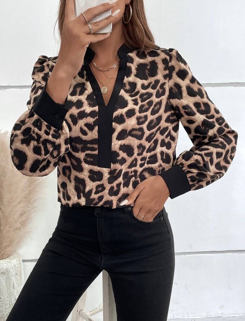 Long Sleeve V Neck Leopard Blouse