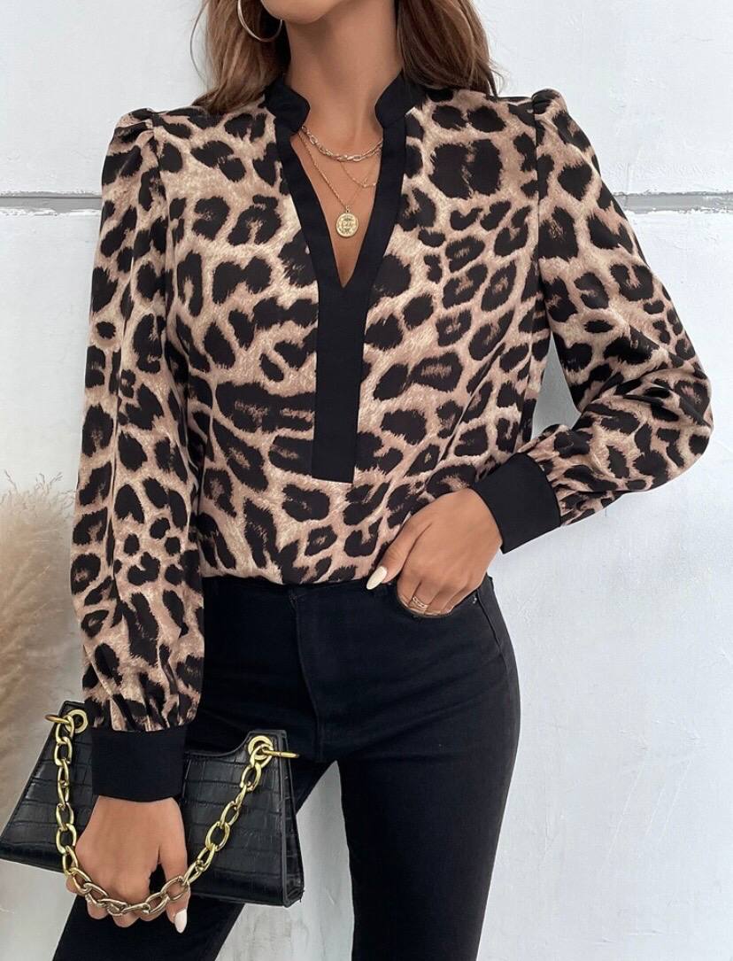 Long Sleeve V Neck Leopard Blouse