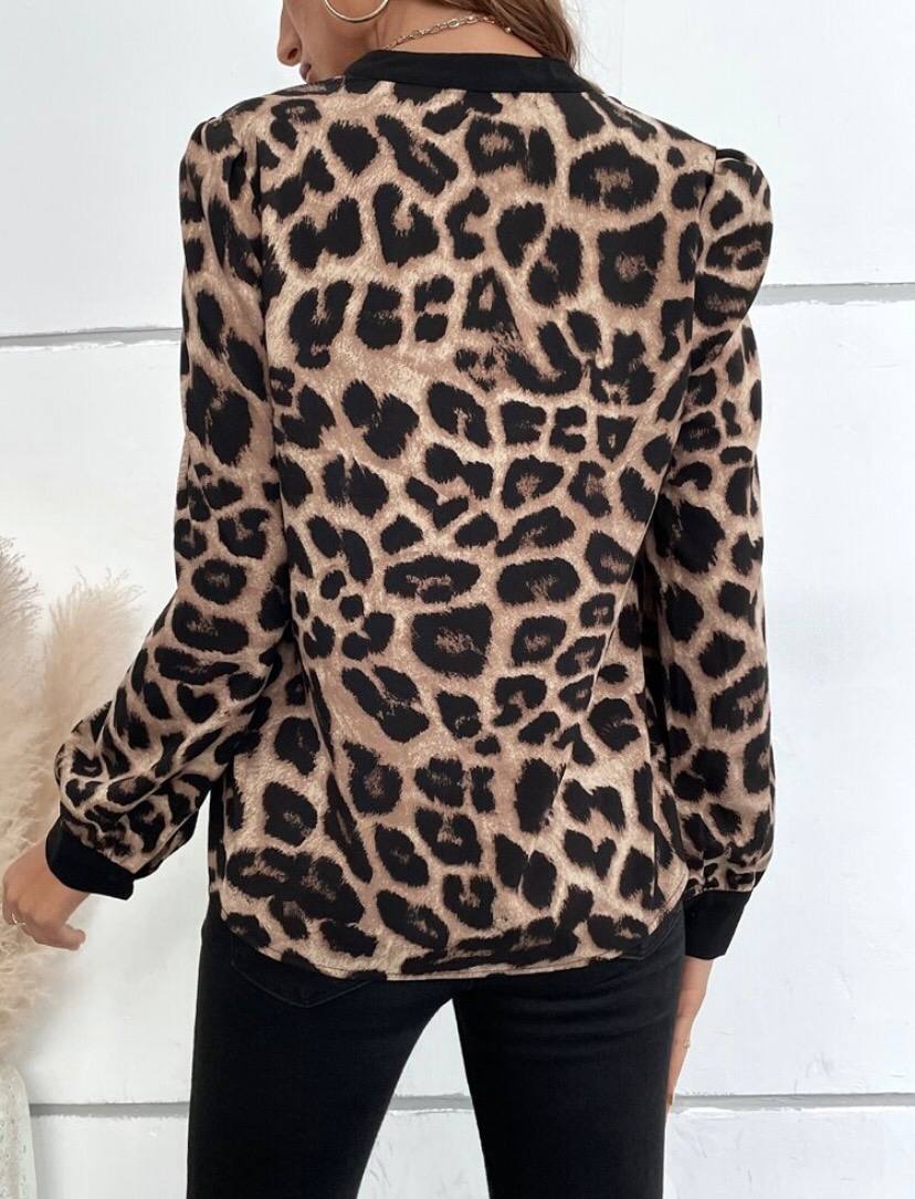 Long Sleeve V Neck Leopard Blouse