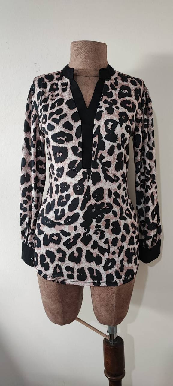 Long Sleeve V Neck Leopard Blouse