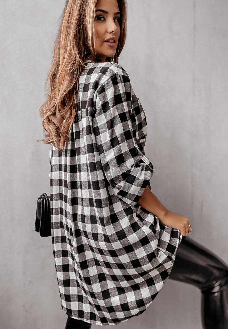 Plaid Tartan Lumberjack Shirt Dress White-Black