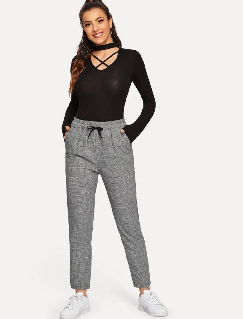 Women Plaid Tartan Drawstring Waist Joggers Sweatpants