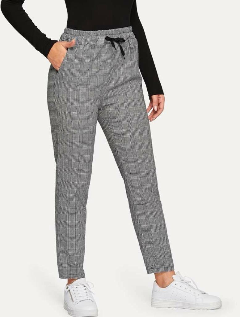 Women Plaid Tartan Drawstring Waist Joggers Sweatpants