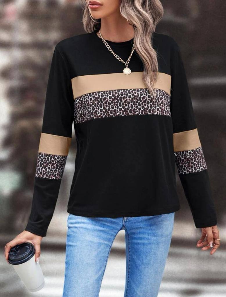 Color Block Leopard Pullover Blouse