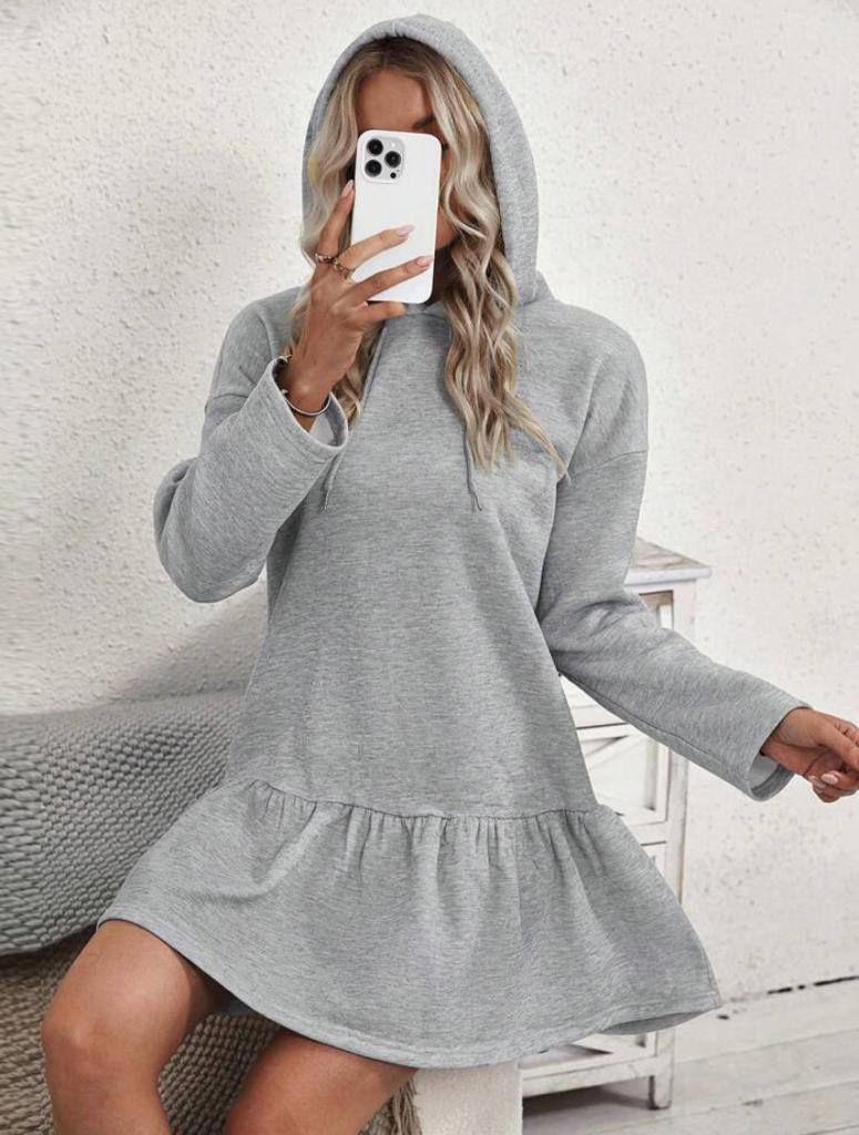 Mini Ruffle Drawstring Hoodie Dress Shirt Dress