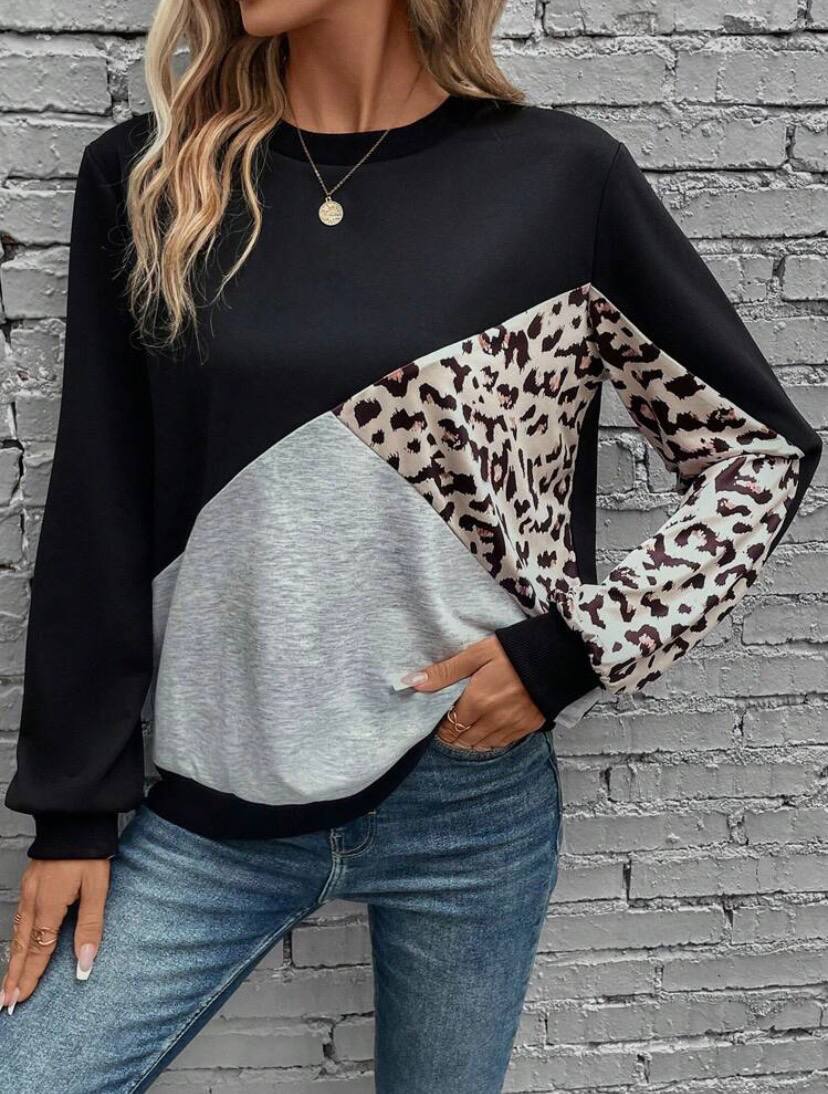 Color Block Leopard Pullover Sweatshirt Blouse