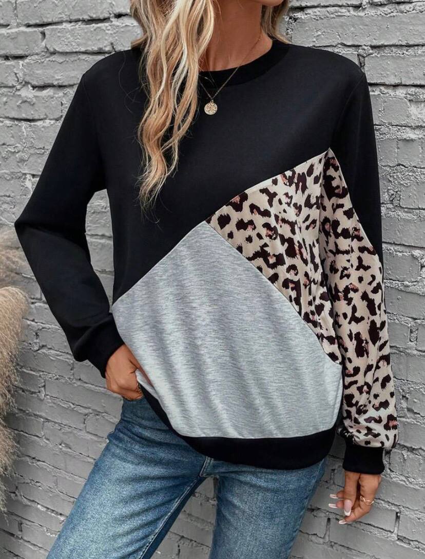 Color Block Leopard Pullover Sweatshirt Blouse