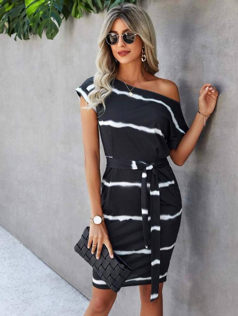 Cotton Blend Striped Dress with Belt