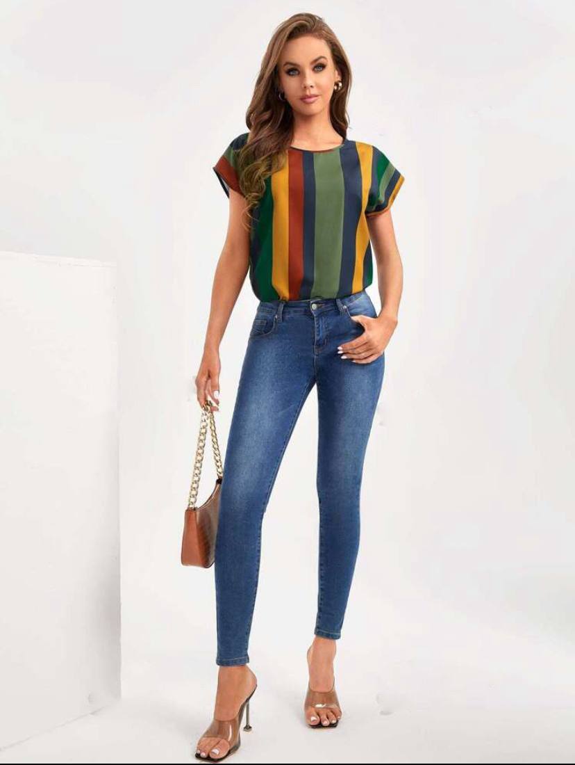 SHORT SLEEVE COLORFUL STRIPE BLOUSE TOPS