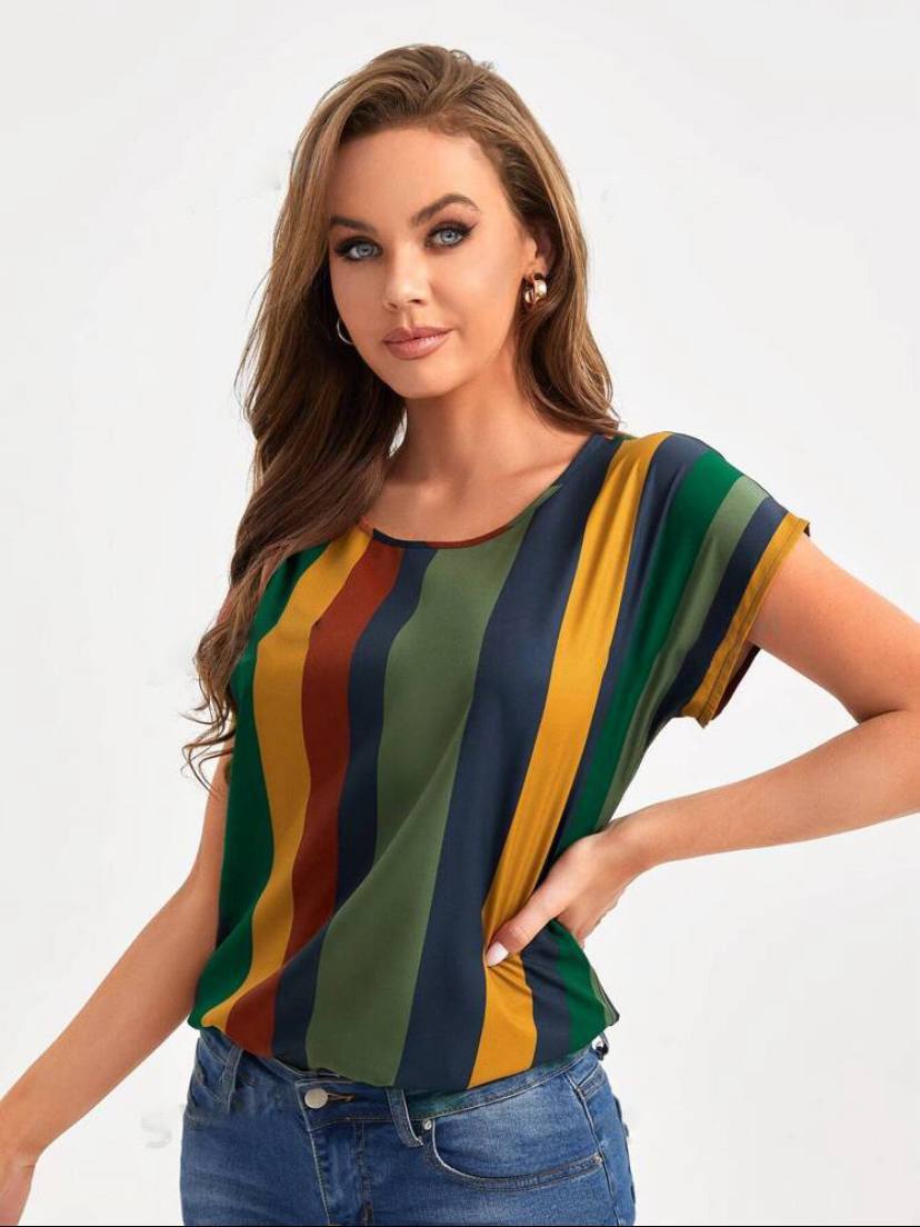 SHORT SLEEVE COLORFUL STRIPE BLOUSE TOPS