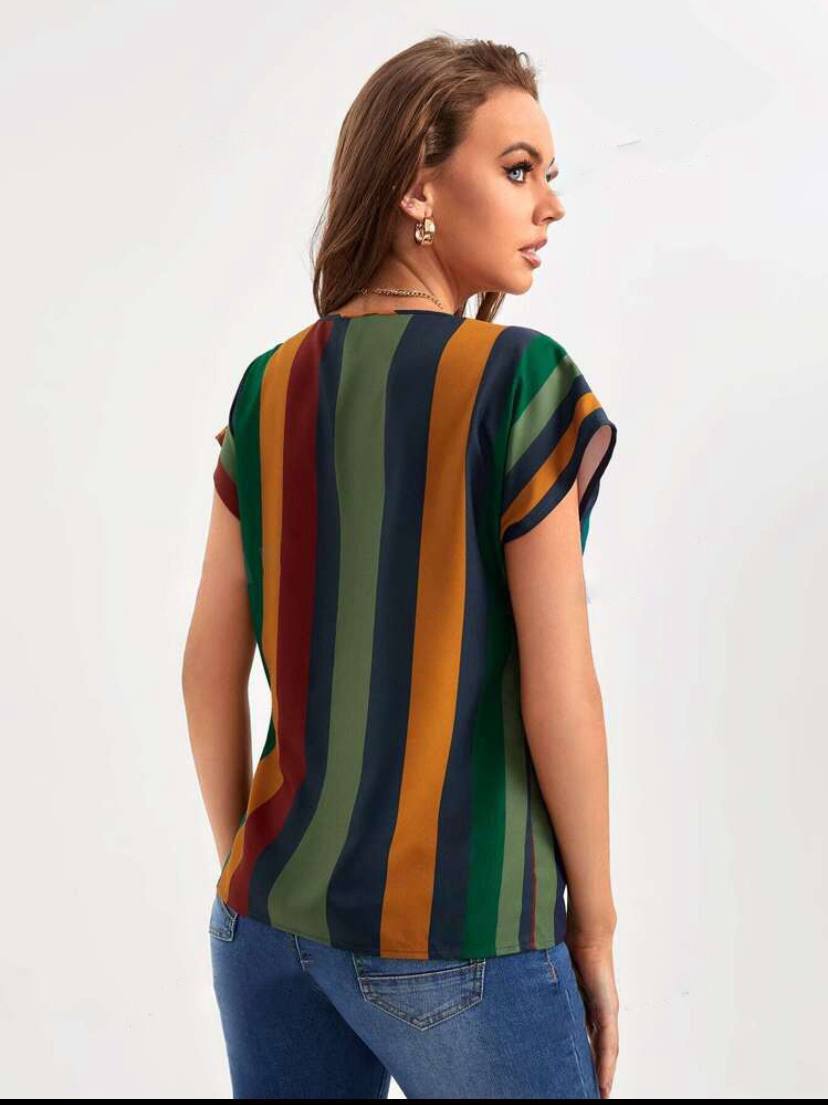 SHORT SLEEVE COLORFUL STRIPE BLOUSE TOPS