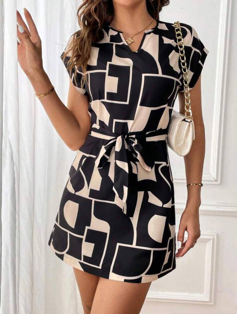 Short Sleeve Geo Design Belted V Neck Mini Dress