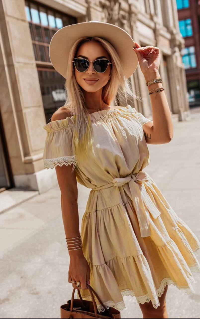 SOLID COLOR, OFF-SHOULDER LINEN DRESS