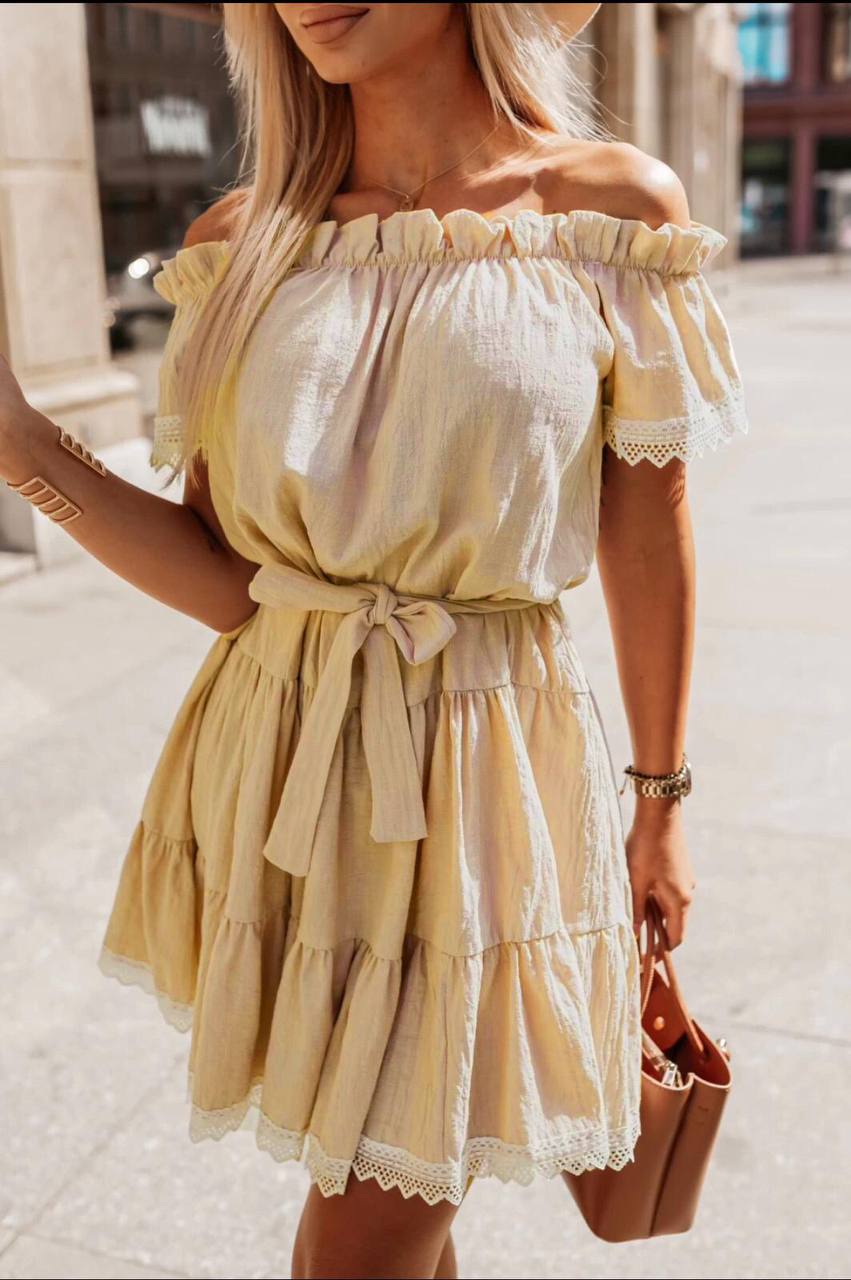 SOLID COLOR, OFF-SHOULDER LINEN DRESS