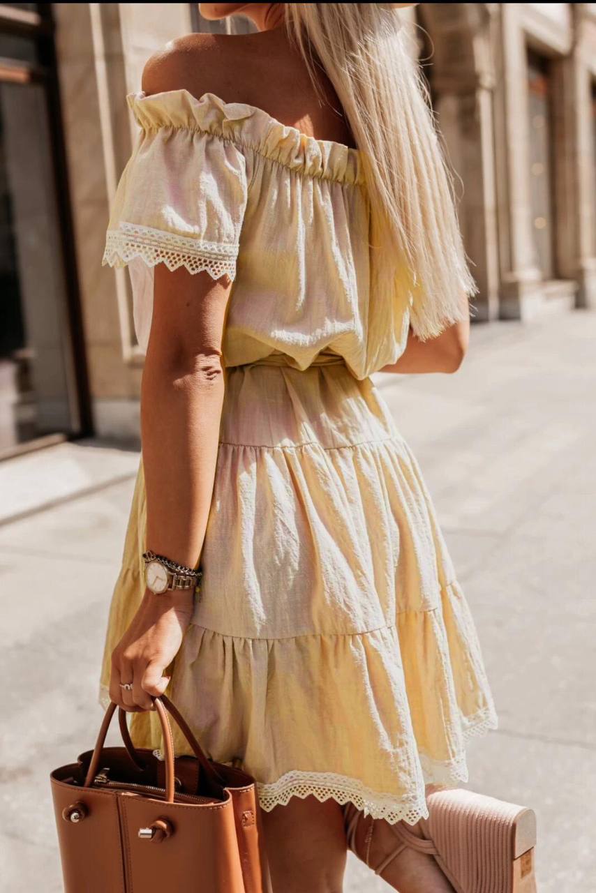 SOLID COLOR, OFF-SHOULDER LINEN DRESS