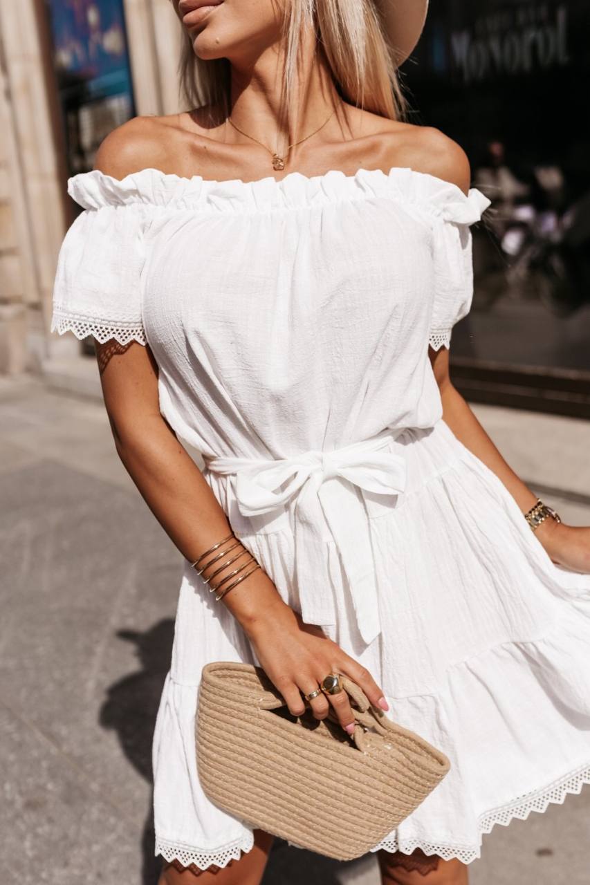 SOLID COLOR, OFF-SHOULDER LINEN DRESS