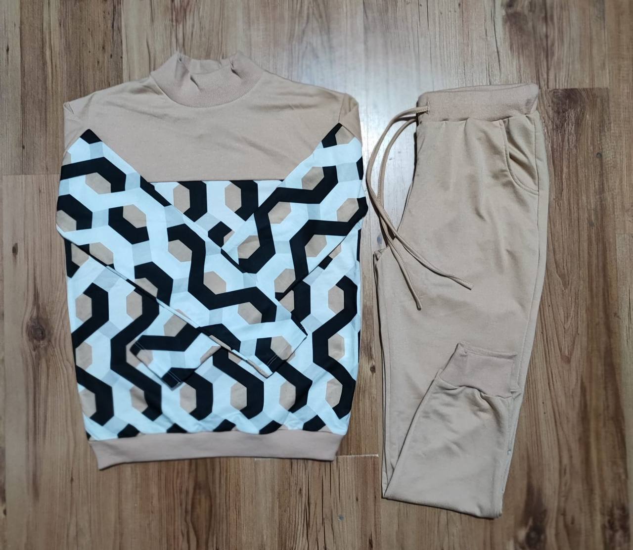 Two Pieces Set Honeycomb Mock Neck Sweatshirt and Pants Matching Set