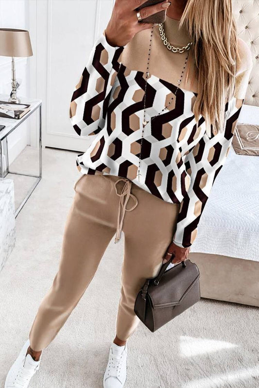 Two Pieces Set Honeycomb Mock Neck Sweatshirt and Pants Matching Set