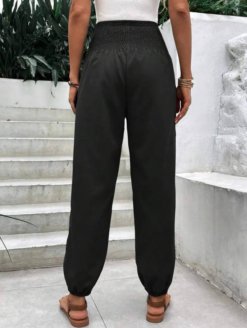 High Elastic Waist Flowy Pants with Pocket