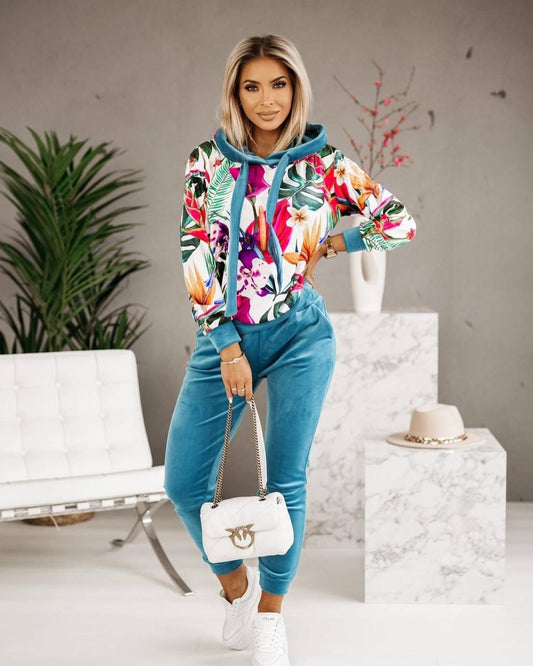 Floral Hoodie and Solid Velour Pants Matching Set