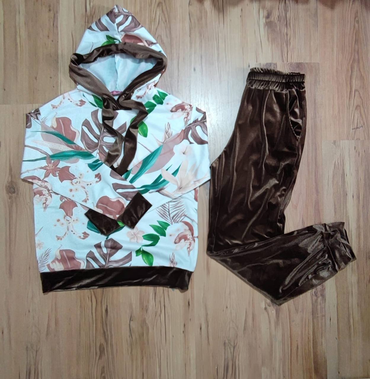 Floral Hoodie and Solid Velour Pants Matching Set