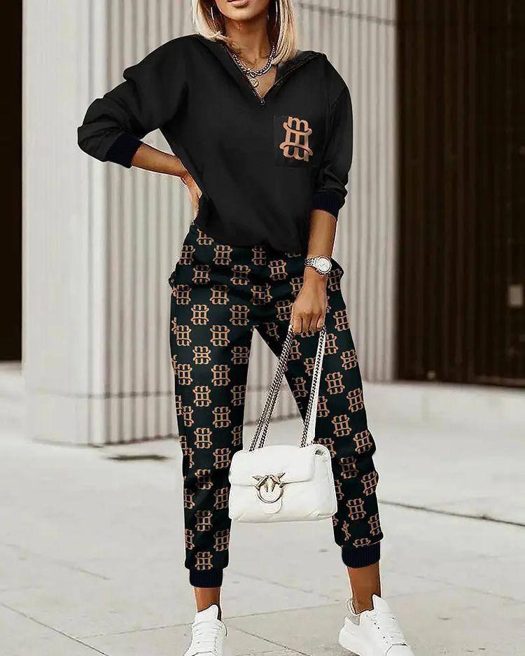 Printed Hoodie and Pants Matching Set