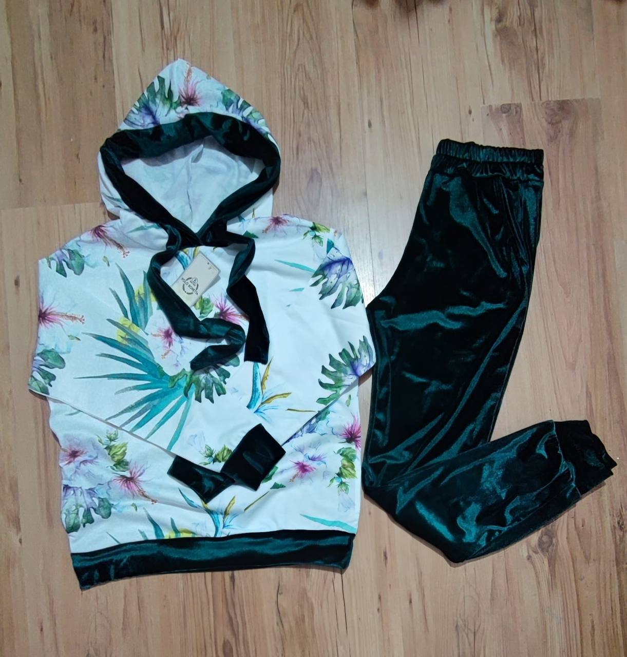 Floral Hoodie and Solid Velour Pants Matching Set