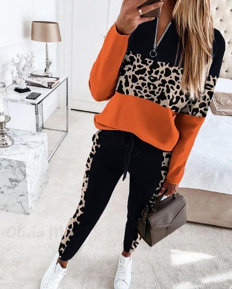 Colorblock Half Zip Mock Neck Sweater and Pants Matching Set - Two Pieces Set