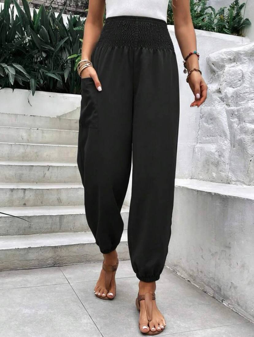 High Elastic Waist Flowy Pants with Pocket