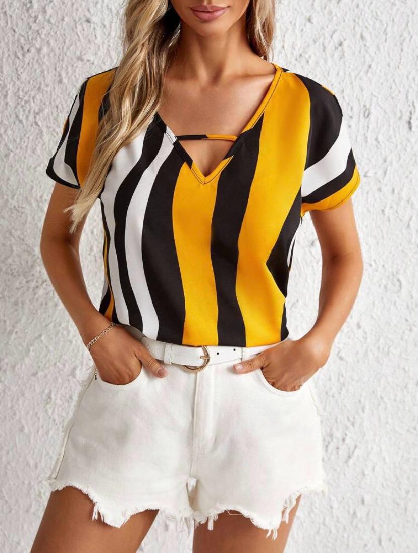 STRIPE V NECK CUT OUT SHORT SLEEVE TOPS BLOUSE