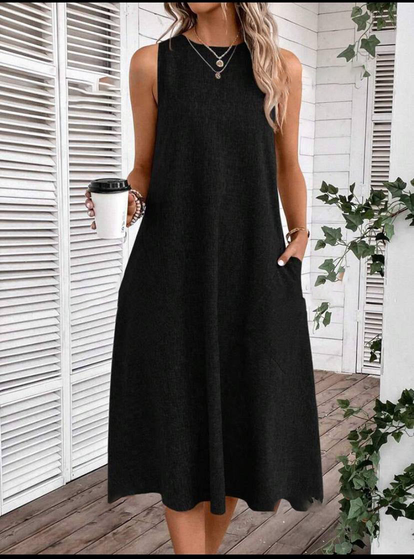 SLEEVELESS OVERSIZE MIDI VEST DRESS WITH POCKET