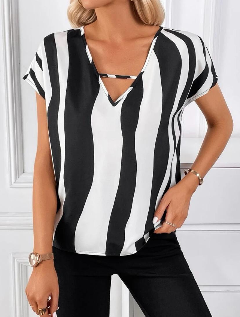 STRIPE V NECK CUT OUT SHORT SLEEVE TOPS BLOUSE