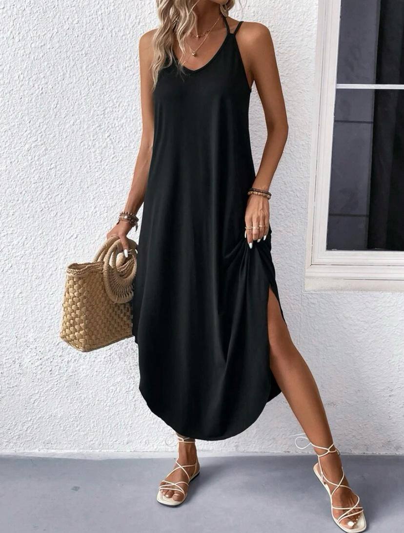 Solid Summer Strap Halter Cami Midi Dress